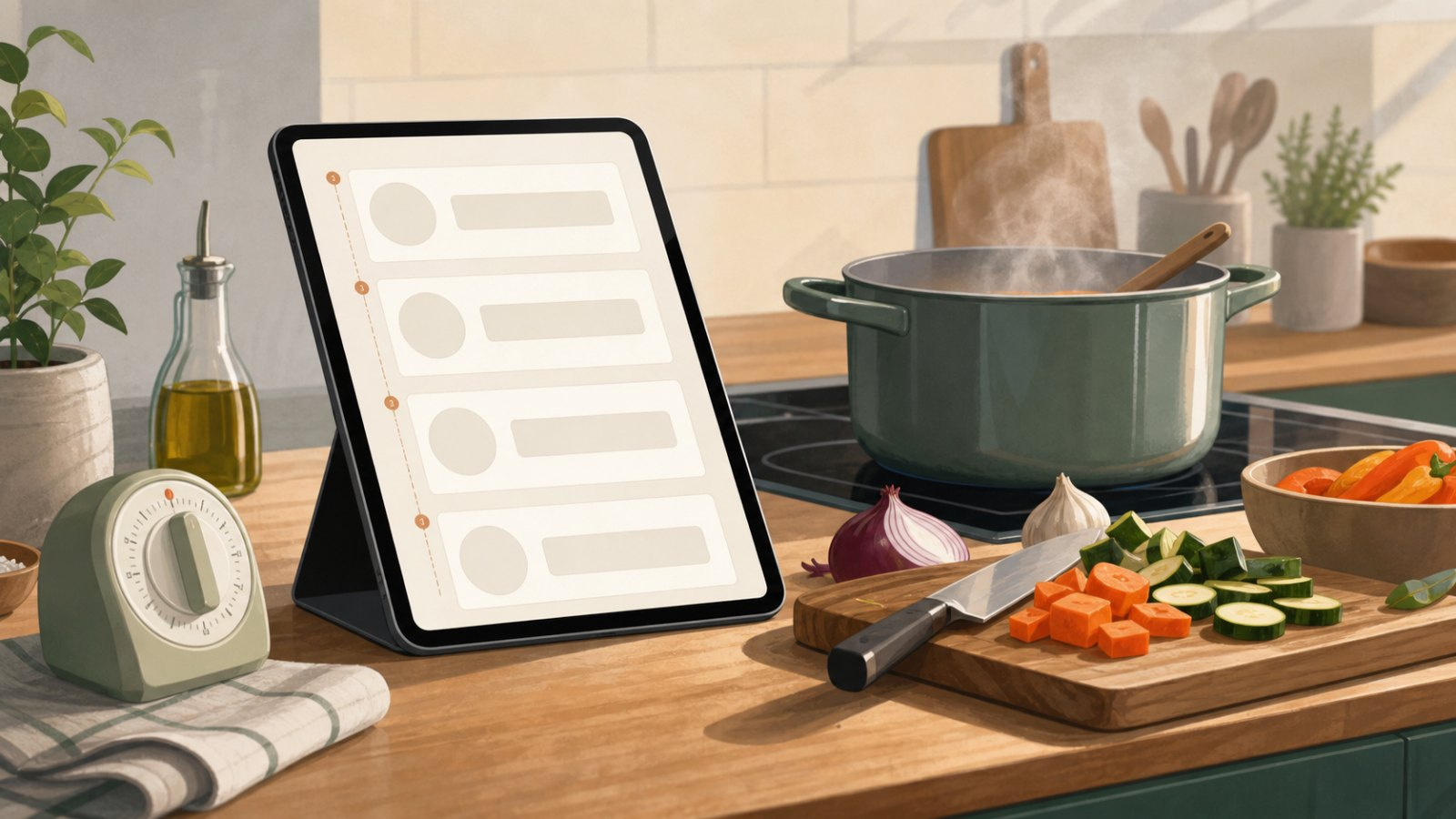 Yapay zekâ ile üretilmiş editoryal illüstrasyon: Cooking Mode ile mutfakta adım adım ilerleme için sentetik editoryal illüstrasyon