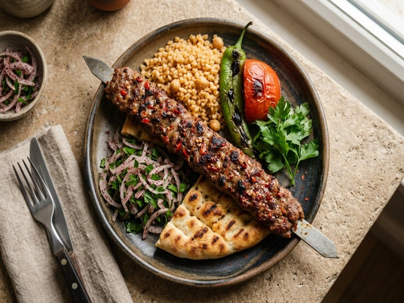Yapay zekâ ile üretilmiş görsel: Adana Kebabı servis edilmiş hâlde