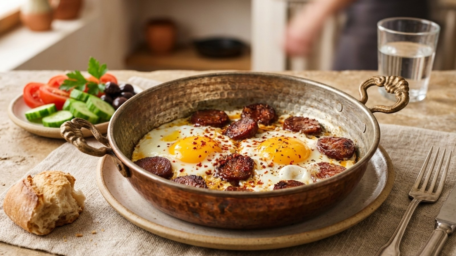 Bakır Tavada Sucuklu Yumurta (دستور پخت اصیل مدیترانه‌ای)