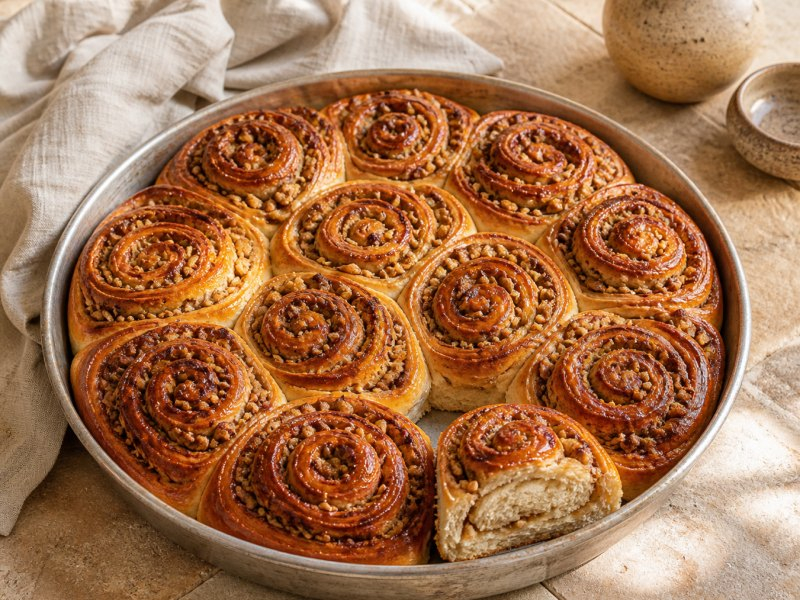 Yapay zekâ ile üretilmiş görsel: Cevizli Sarma Çörek servis edilmiş hâlde