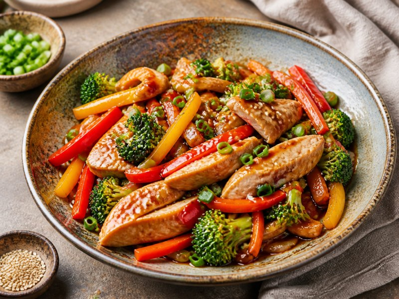 Yapay zekâ ile üretilmiş görsel: Sebzeli Teriyaki Tavuk servis edilmiş hâlde