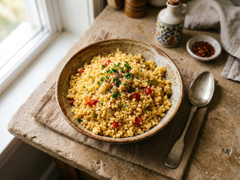 Yapay zekâ ile üretilmiş görsel: Tavuklu Bulgur Pilavı servis edilmiş hâlde
