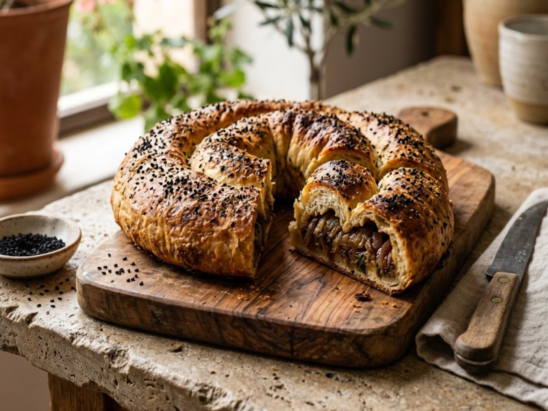 Ilustracja AI: Soğanlı Çörek servis edilmiş hâlde