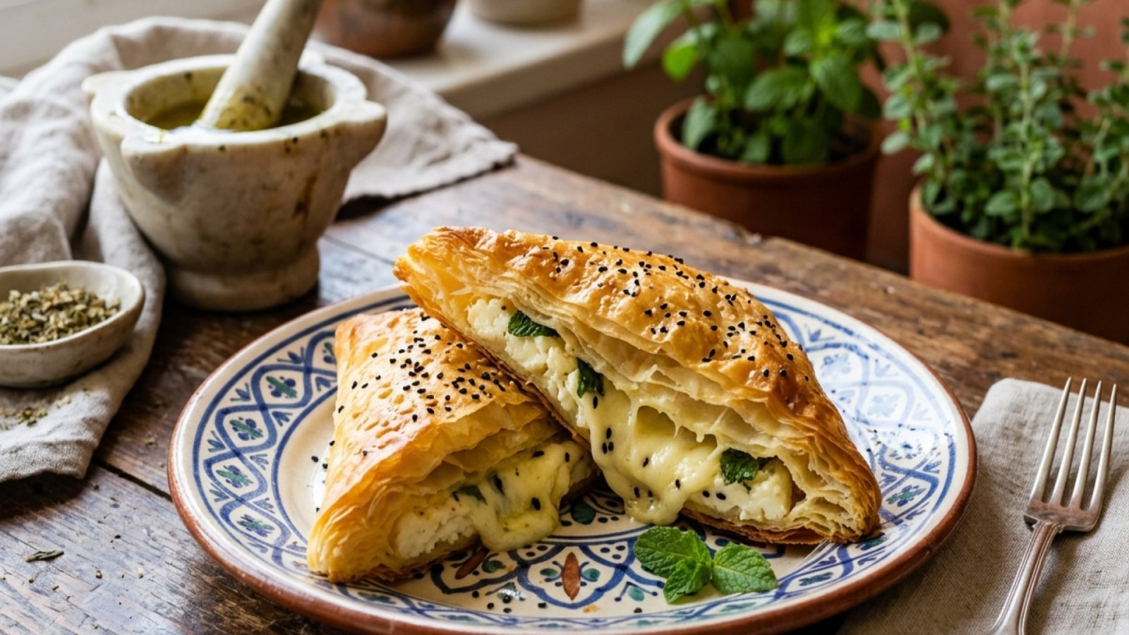 Yapay zekâ ile üretilmiş editoryal illüstrasyon: Peynirli Börek servis edilmiş hâlde
