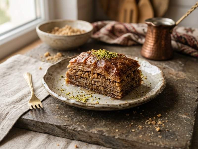 Yapay zekâ ile üretilmiş görsel: Baklava Dilimi servis edilmiş hâlde