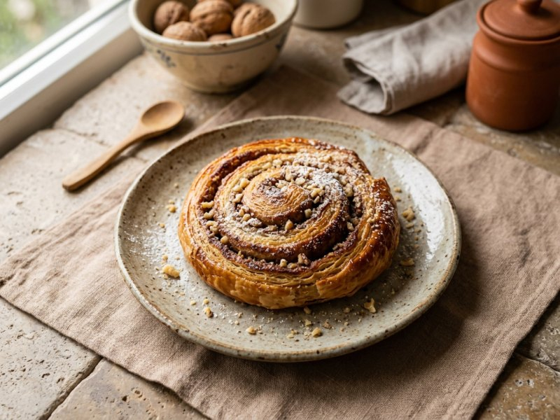Yapay zekâ ile üretilmiş görsel: Cevizli Sarma Çörek servis edilmiş hâlde