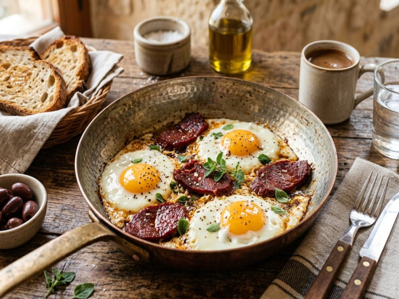 Yapay zekâ ile üretilmiş görsel: Pastırmalı Yumurta servis edilmiş hâlde