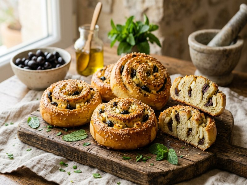 Yapay zekâ ile üretilmiş görsel: Hellimli ve Zeytinli Rulo Çörek servis edilmiş hâlde