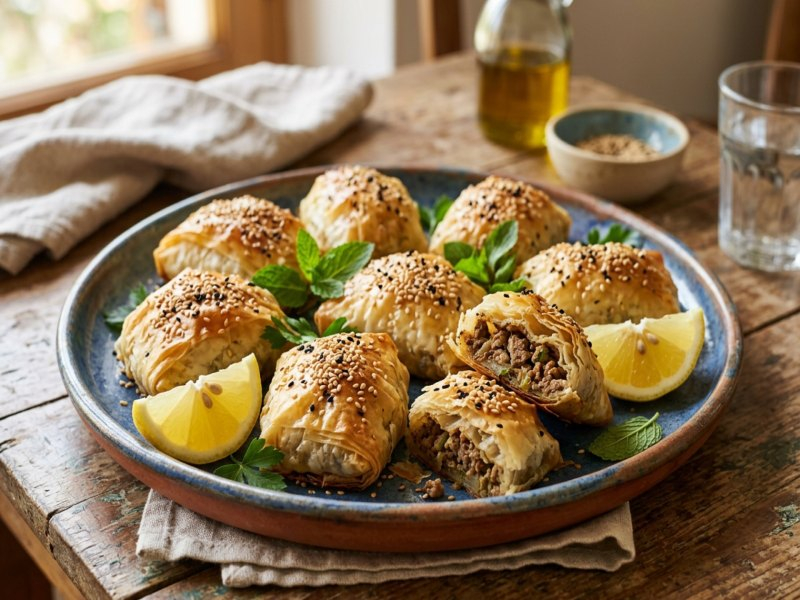 Yapay zekâ ile üretilmiş görsel: Gazimağusa Usulü Kıymalı Peynirli Börek servis edilmiş hâlde