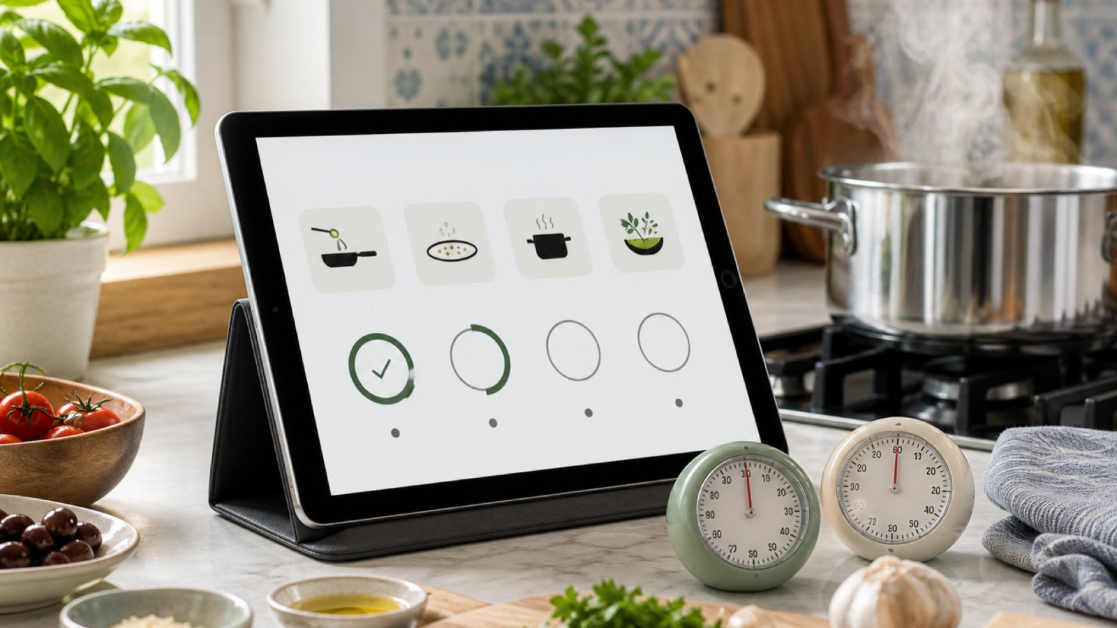 Yapay zekâ ile üretilmiş editoryal illüstrasyon: Cooking Mode ile Adım Adım İlerleme için sentetik editoryal illüstrasyon